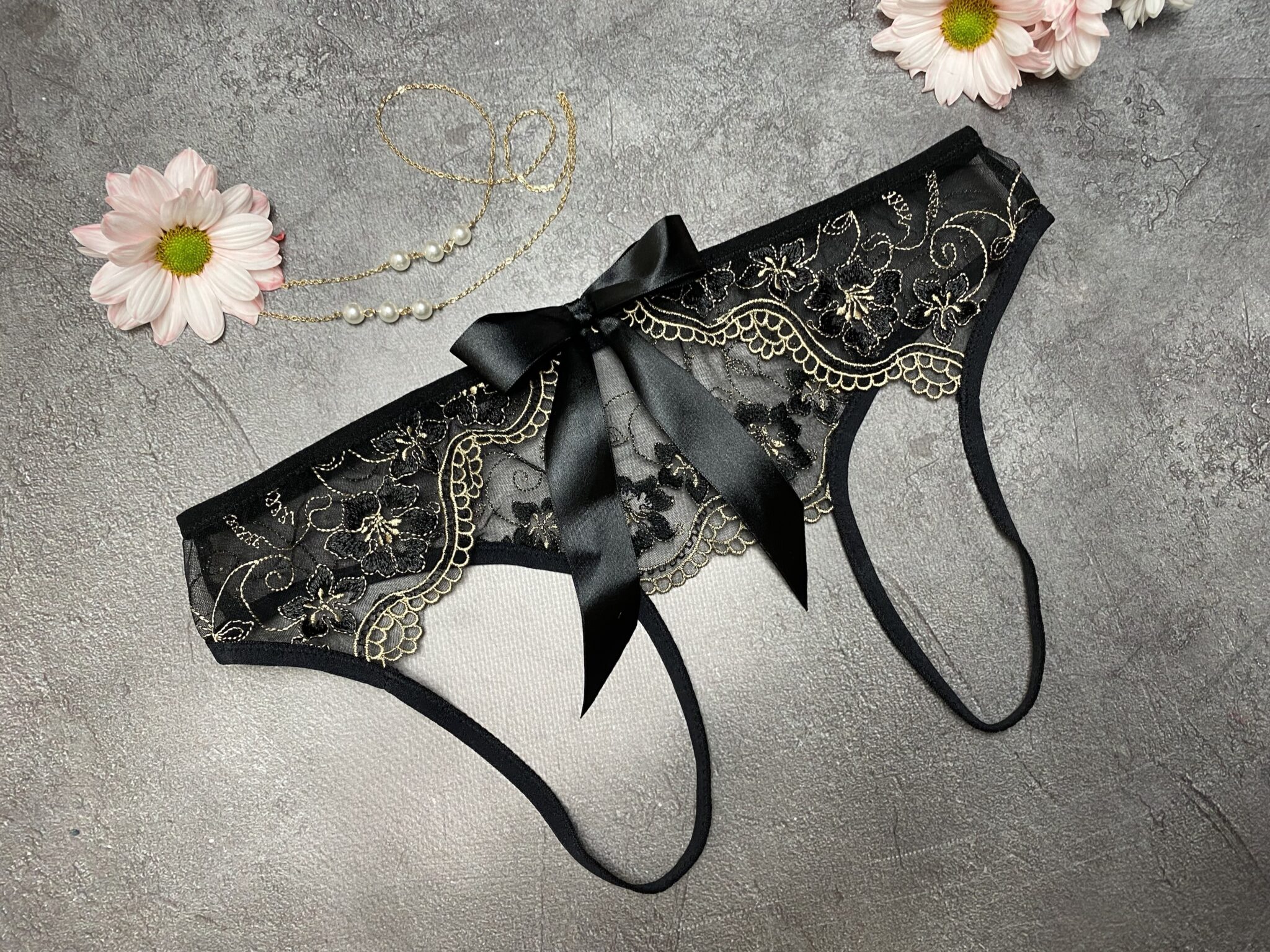 Black lace open panties with bow (handmade) - Miss Impreza
